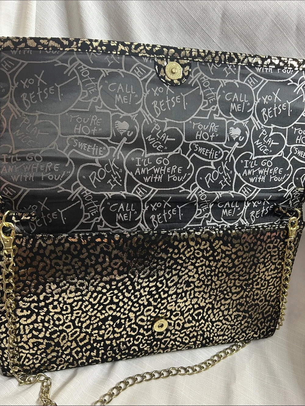 Betsey Johnson Gold on Black Velvet Leopard Print Chain Clutch with Stud Strap